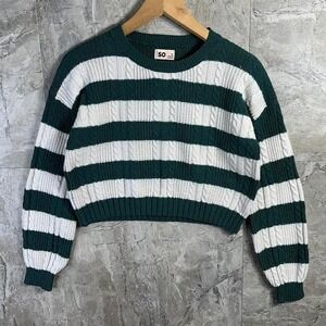 SO Green and white striped cropped cable knit sweater kids XL 14/16  #preppy